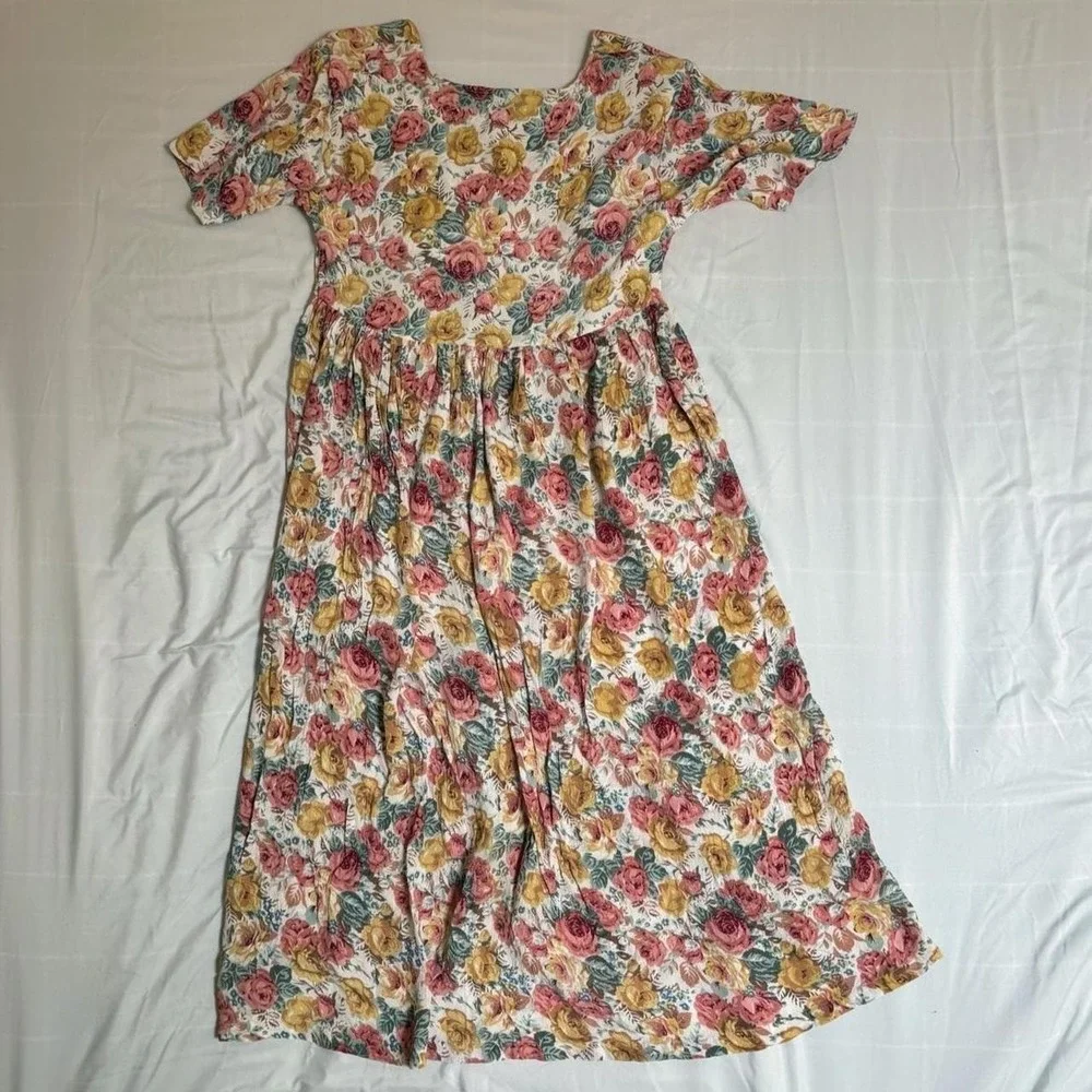 Pink, Green, Cream Rayon Floral Button Down Pleated Dress Revue Small VTG 90s - Picture 8 of 8